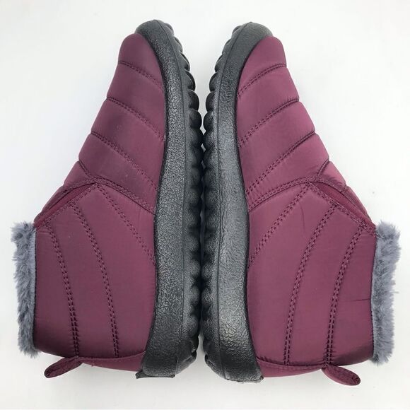 BJ Burgundy Quilted Faux Fur Lined Soft Sole Flat Ankle Slipper Shoes - Picture 10 of 14